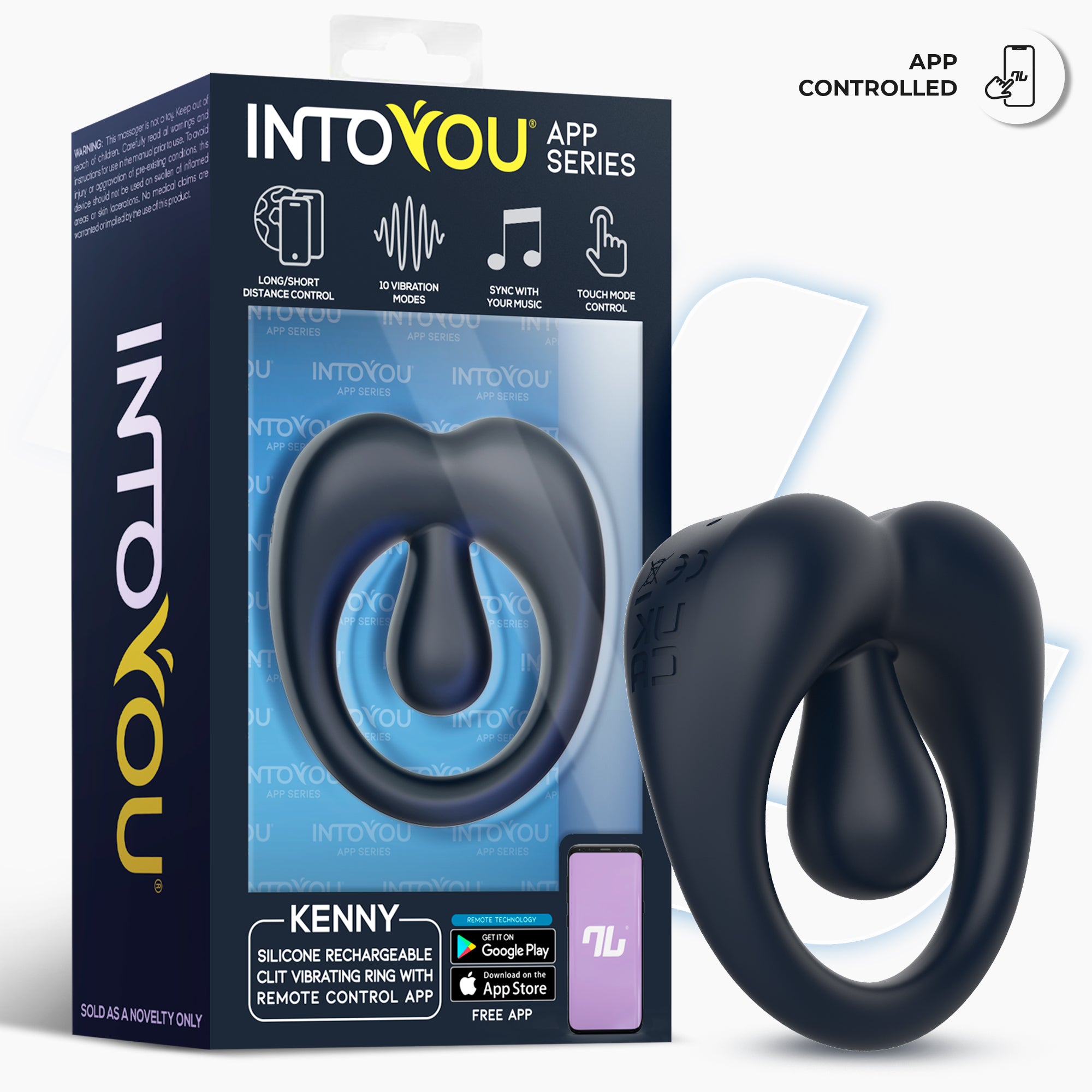 INTOYOU APP SERIES Kenny Anillo Vibrador con Estimulador de Clítoris y APP Azul Oscuro